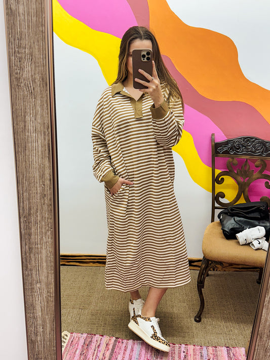 To Be Loved Taupe Ivory Striped Midi Dress