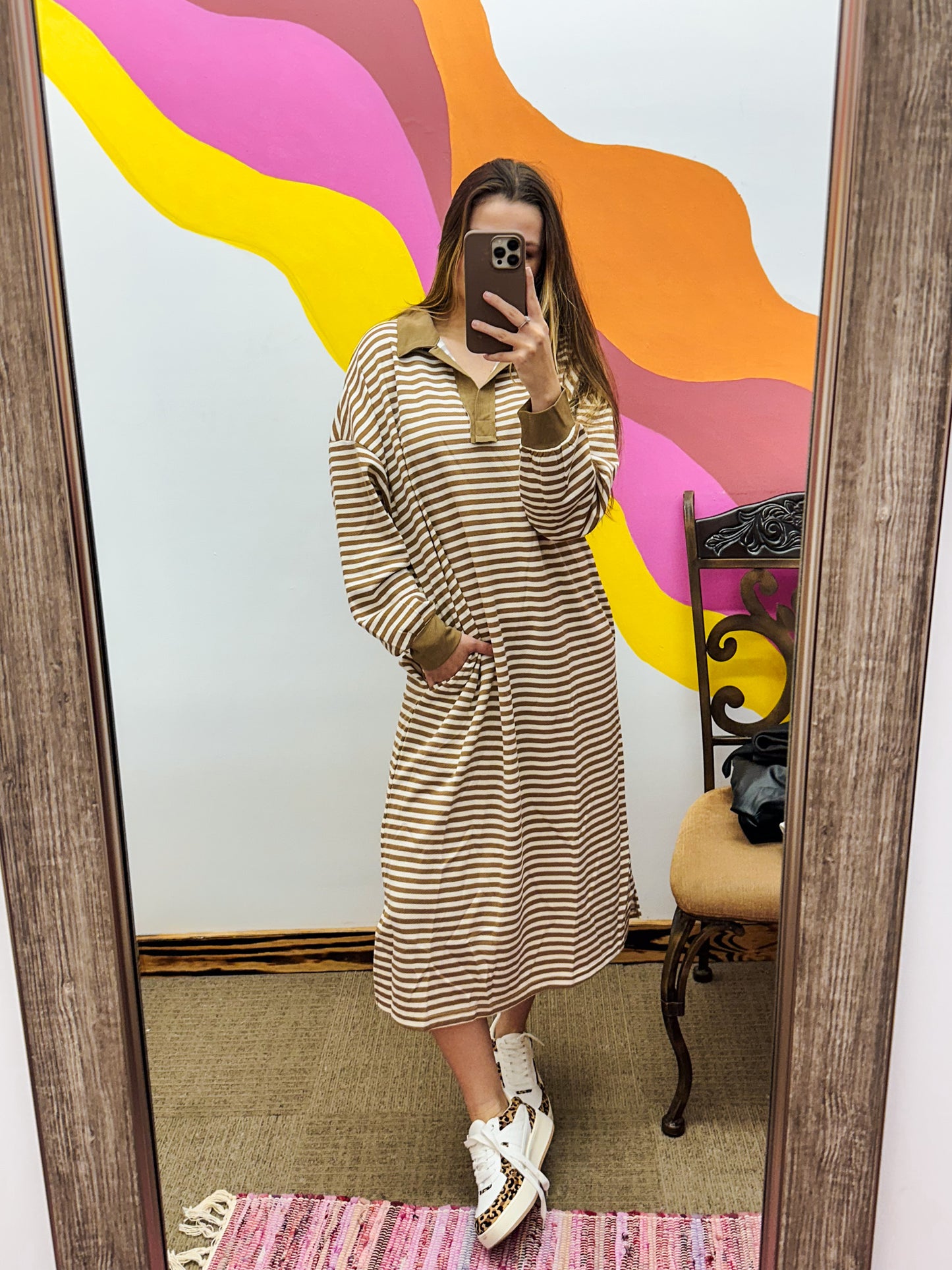 To Be Loved Taupe Ivory Striped Midi Dress