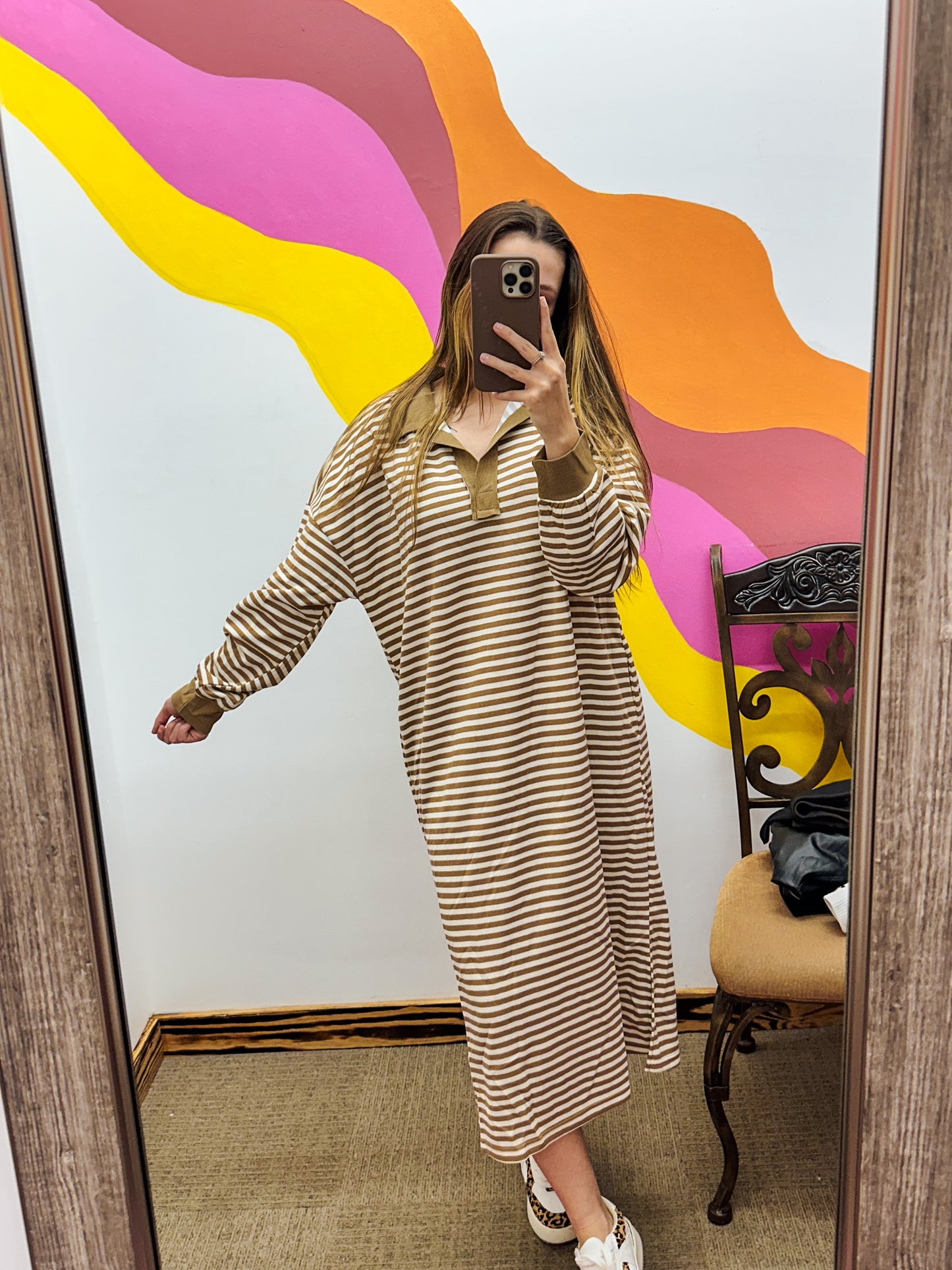 To Be Loved Taupe Ivory Striped Midi Dress