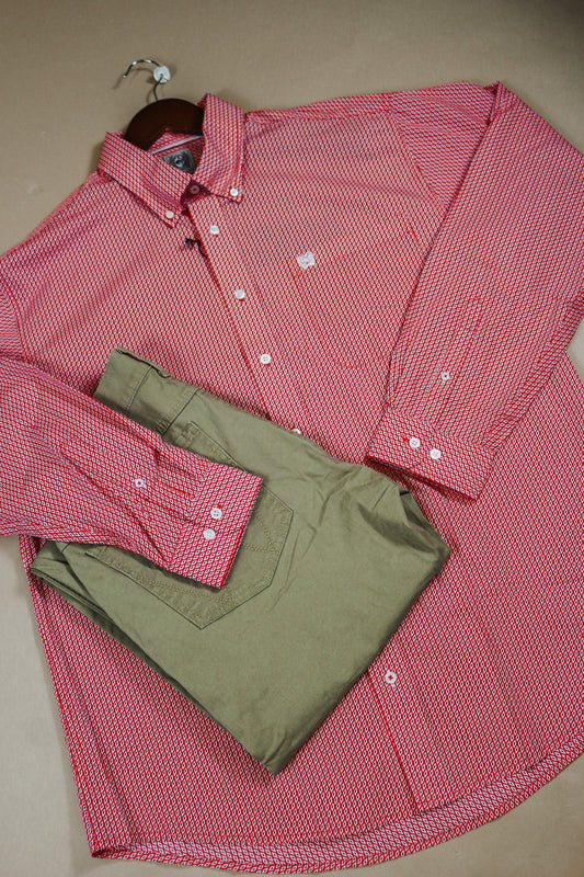 Men's Cinch Red & White Geo Print Button Down Shirt