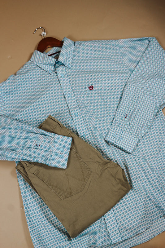 Cinch Men's Light Blue Geometric Print Button Down Shirt Long Sleeve