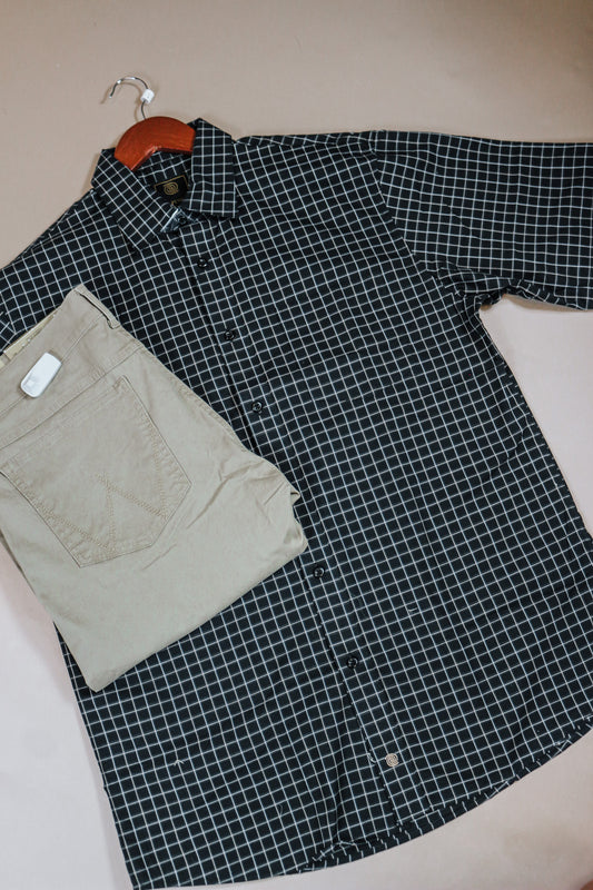 Men's Black & Tan Plaid Button Down Short Sleeve Shirt