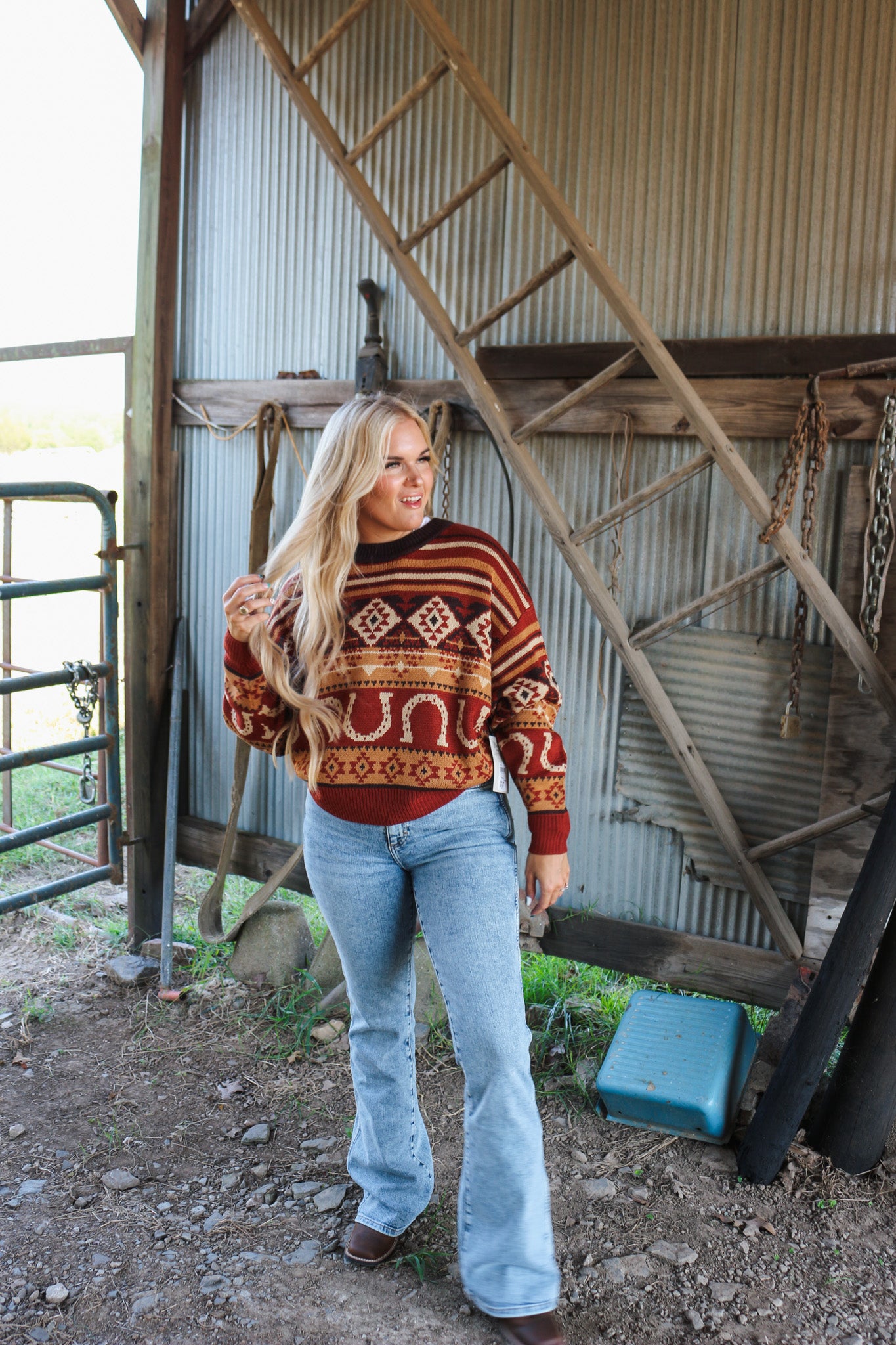 Wrangler Retro Horseshoe Burgundy Rust Aztec Sweater