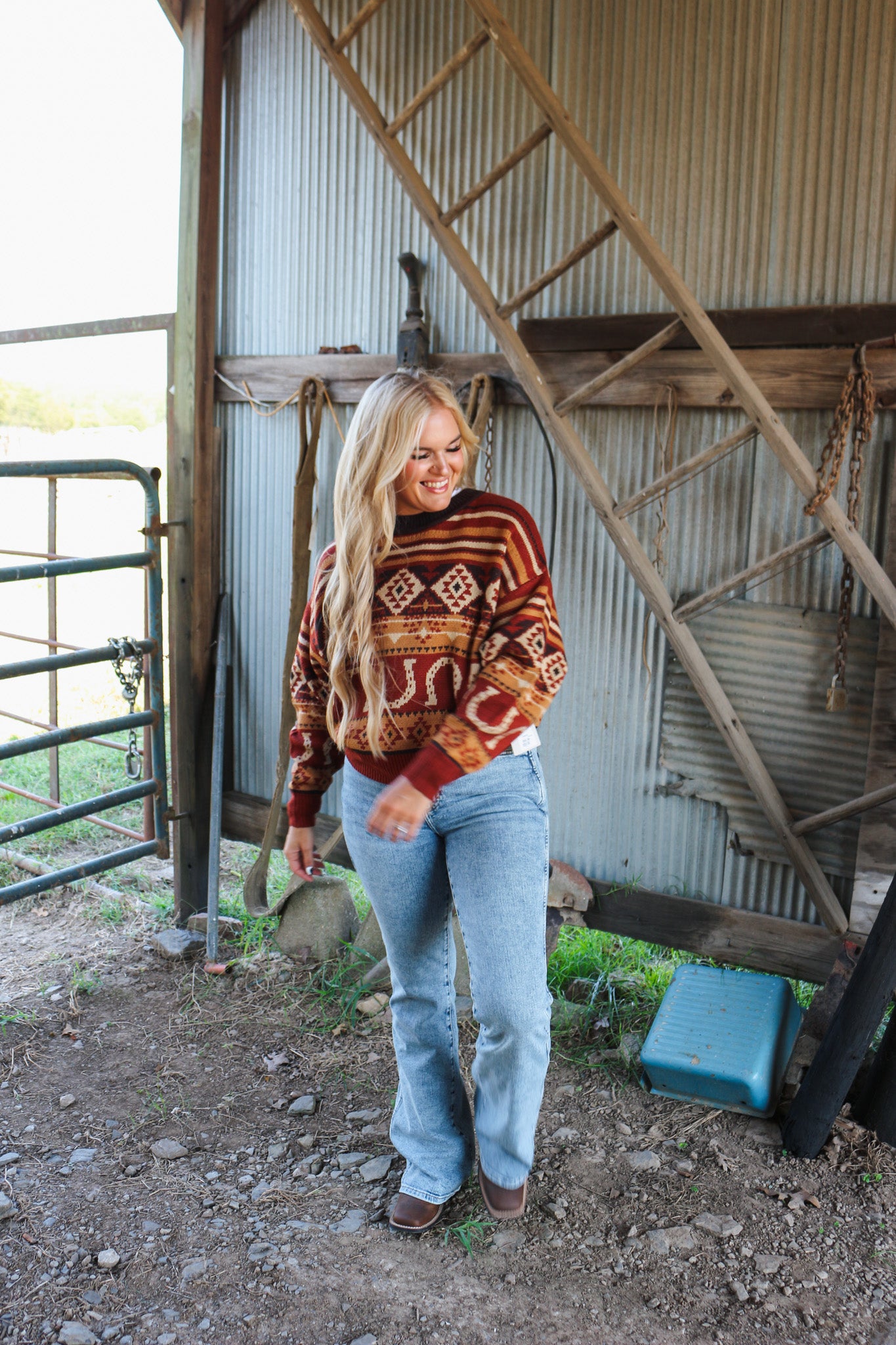 Wrangler Retro Horseshoe Burgundy Rust Aztec Sweater