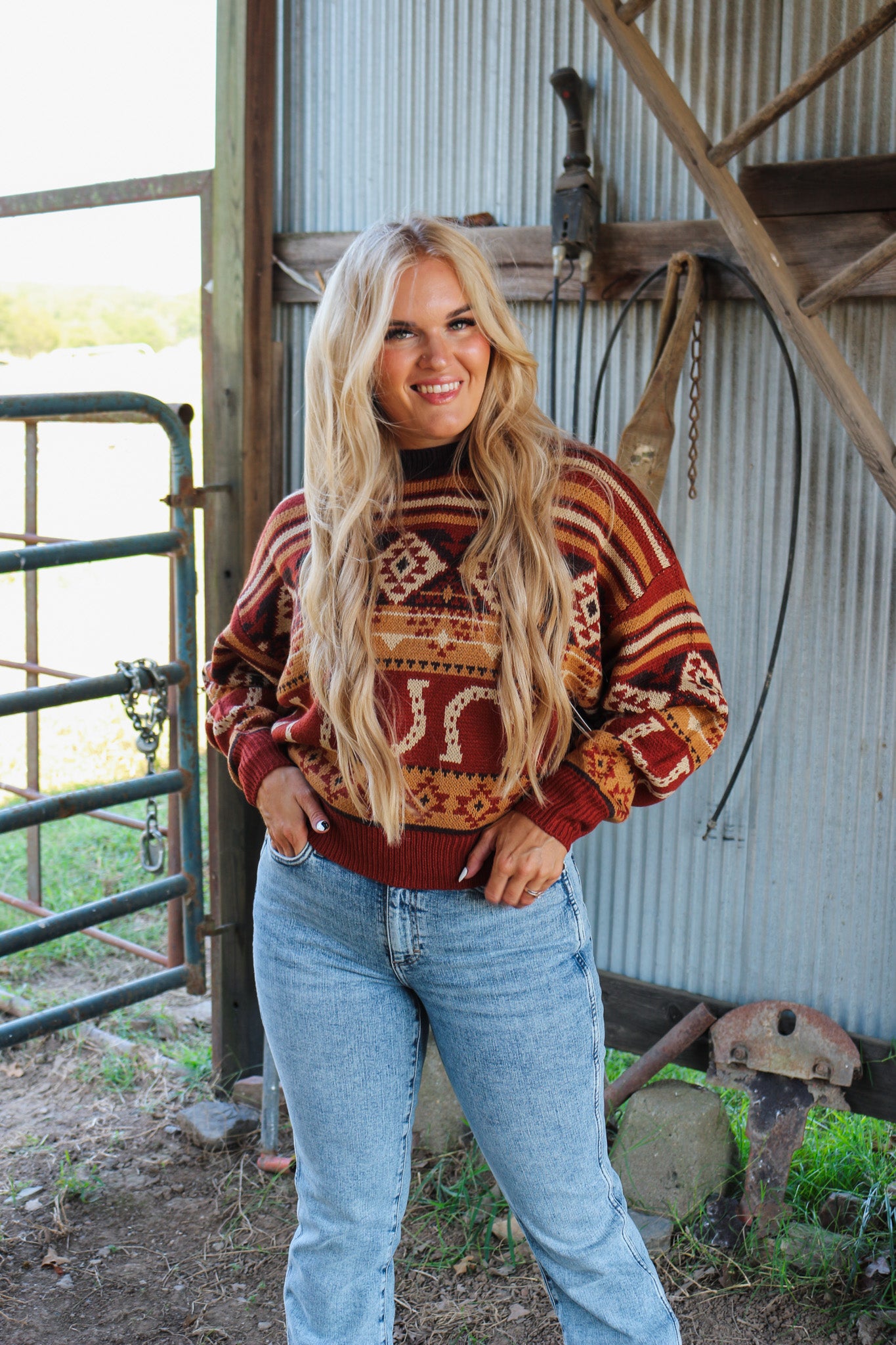 Wrangler Retro Horseshoe Burgundy Rust Aztec Sweater