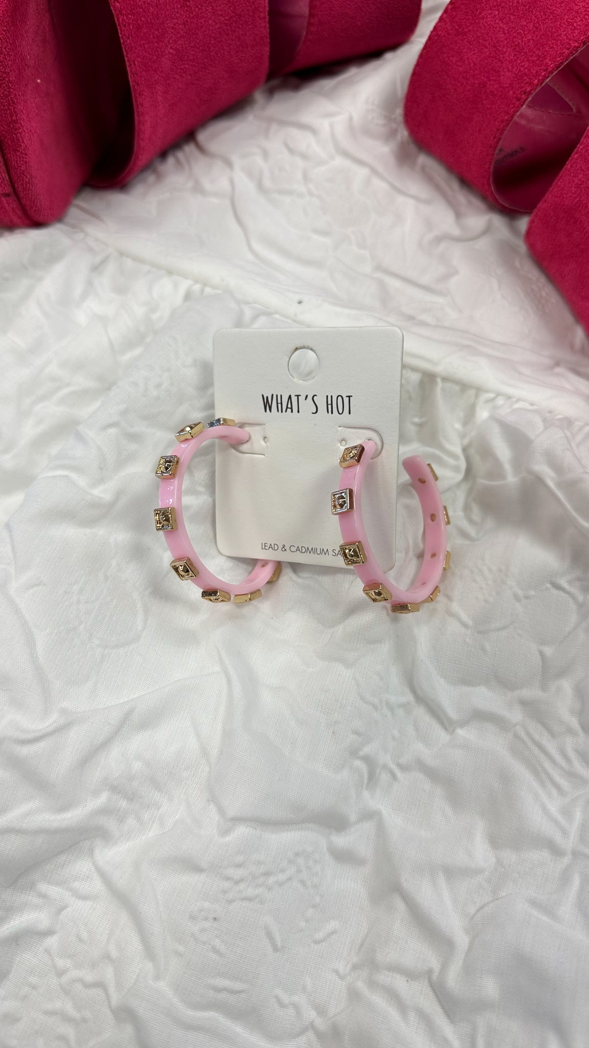 Pink Acrylic Hoop with Textured Gold Squares 2" Hoop Earring