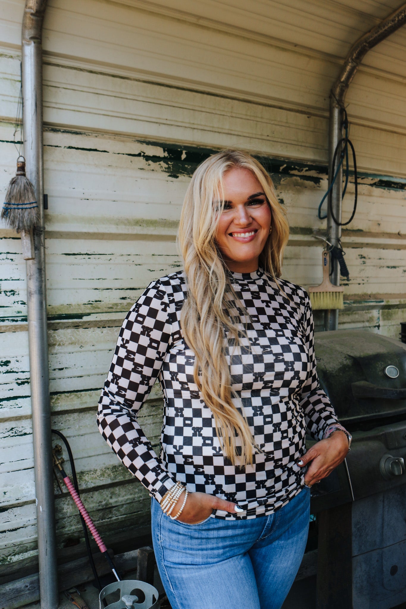 Yeehaw Western Checkered Mesh Top