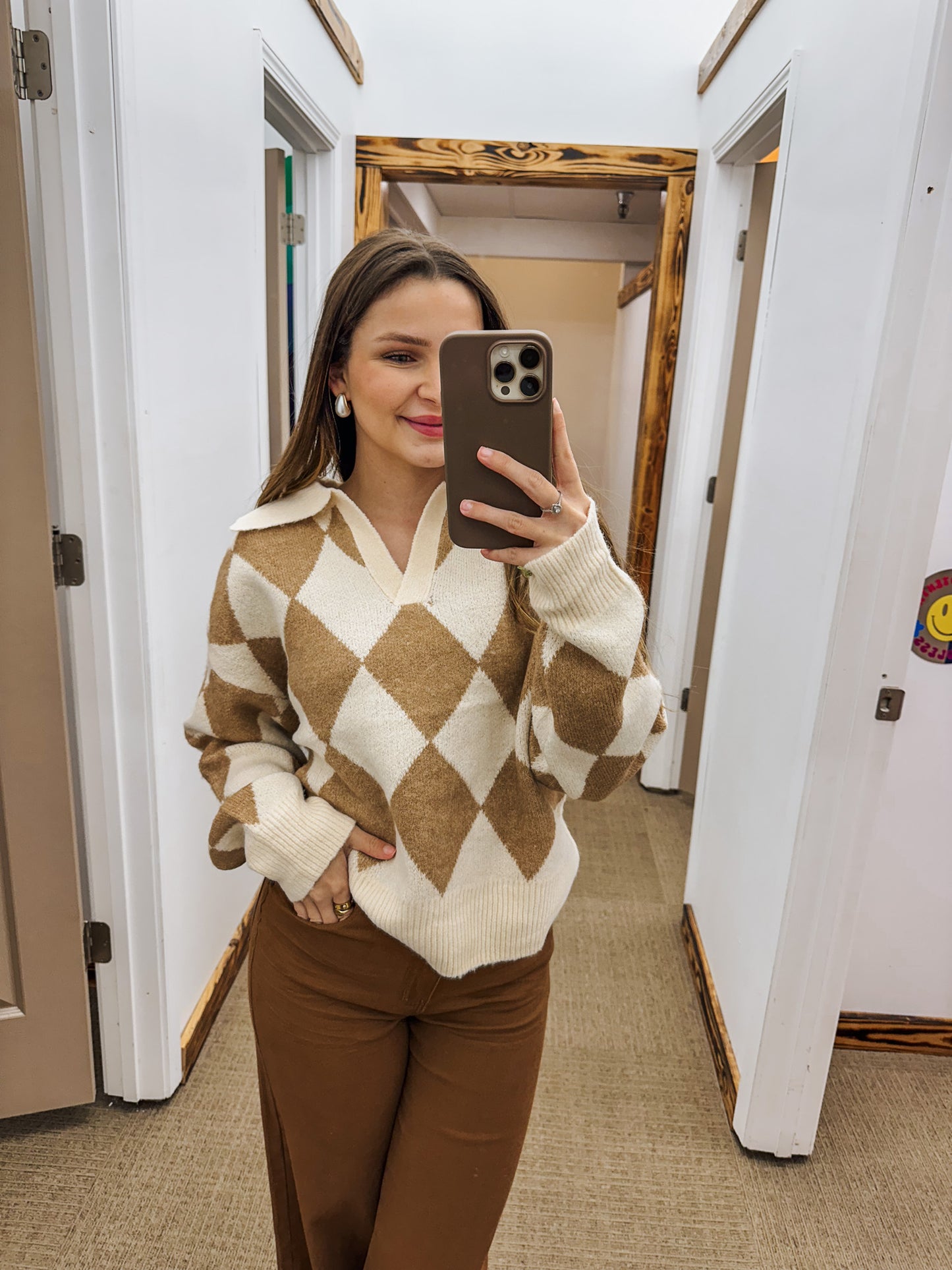 Cross My Path Oatmeal Latte Argyle Sweater