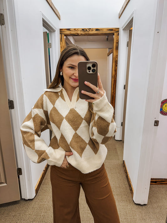 Cross My Path Oatmeal Latte Argyle Sweater