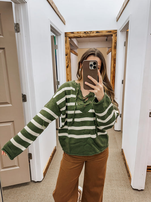 Familiar Feeling Olive Ivory Stripe Lace Up Sweater