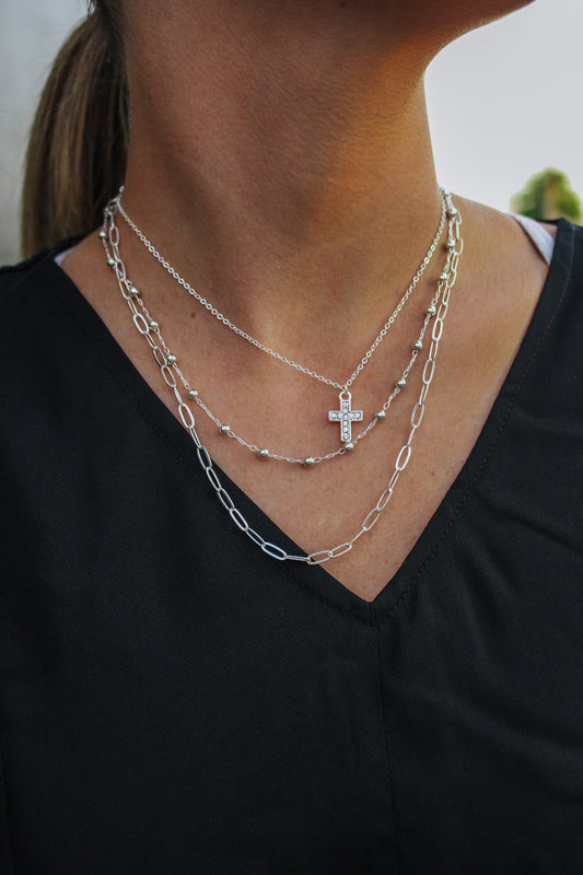 Silver 3 Layered Cross Necklace