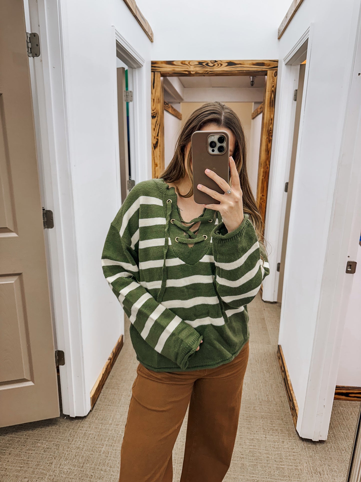 Familiar Feeling Olive Ivory Stripe Lace Up Sweater