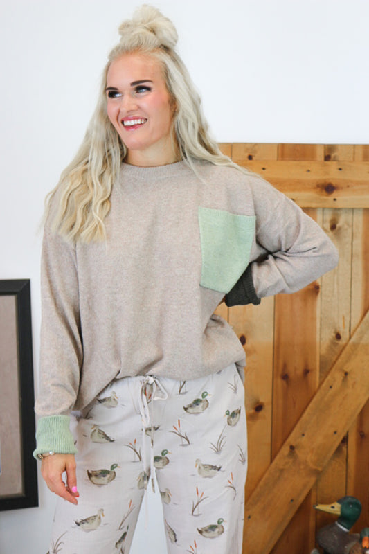 Took My Chance Khaki Colorblock Knit Sweater