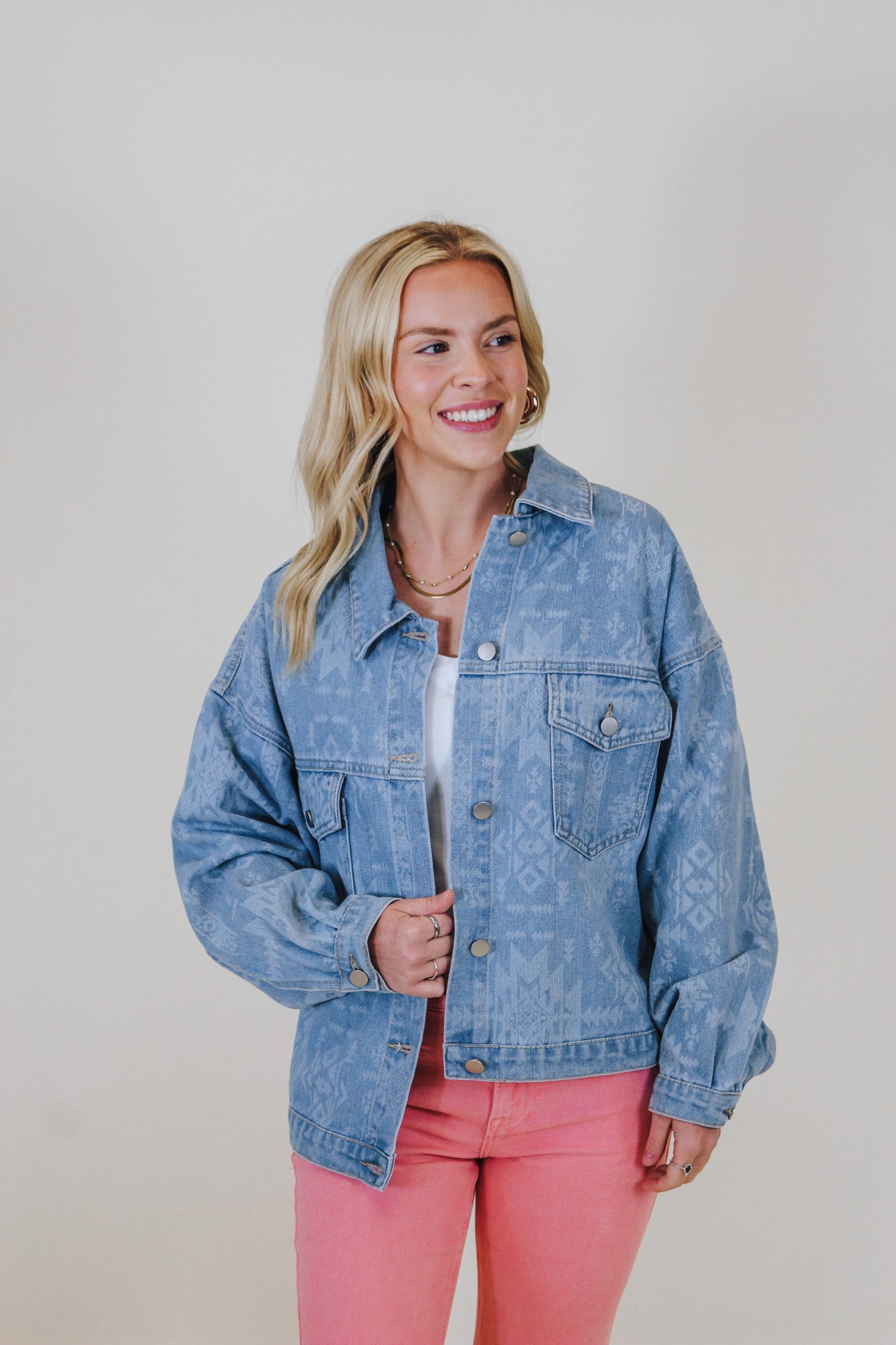 Who's That Girl Light Wash Pattern Denim Jacket