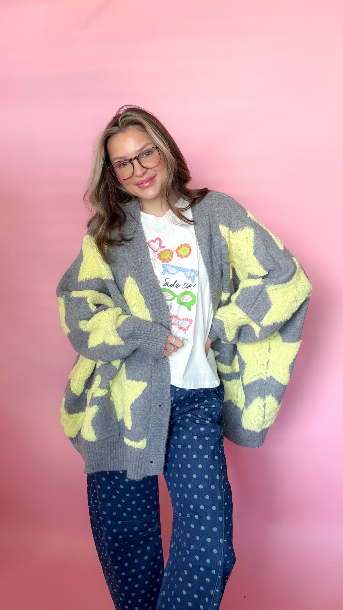 Shooting for the Stars women's oversized sweater cardigan, shown in one of four available colors