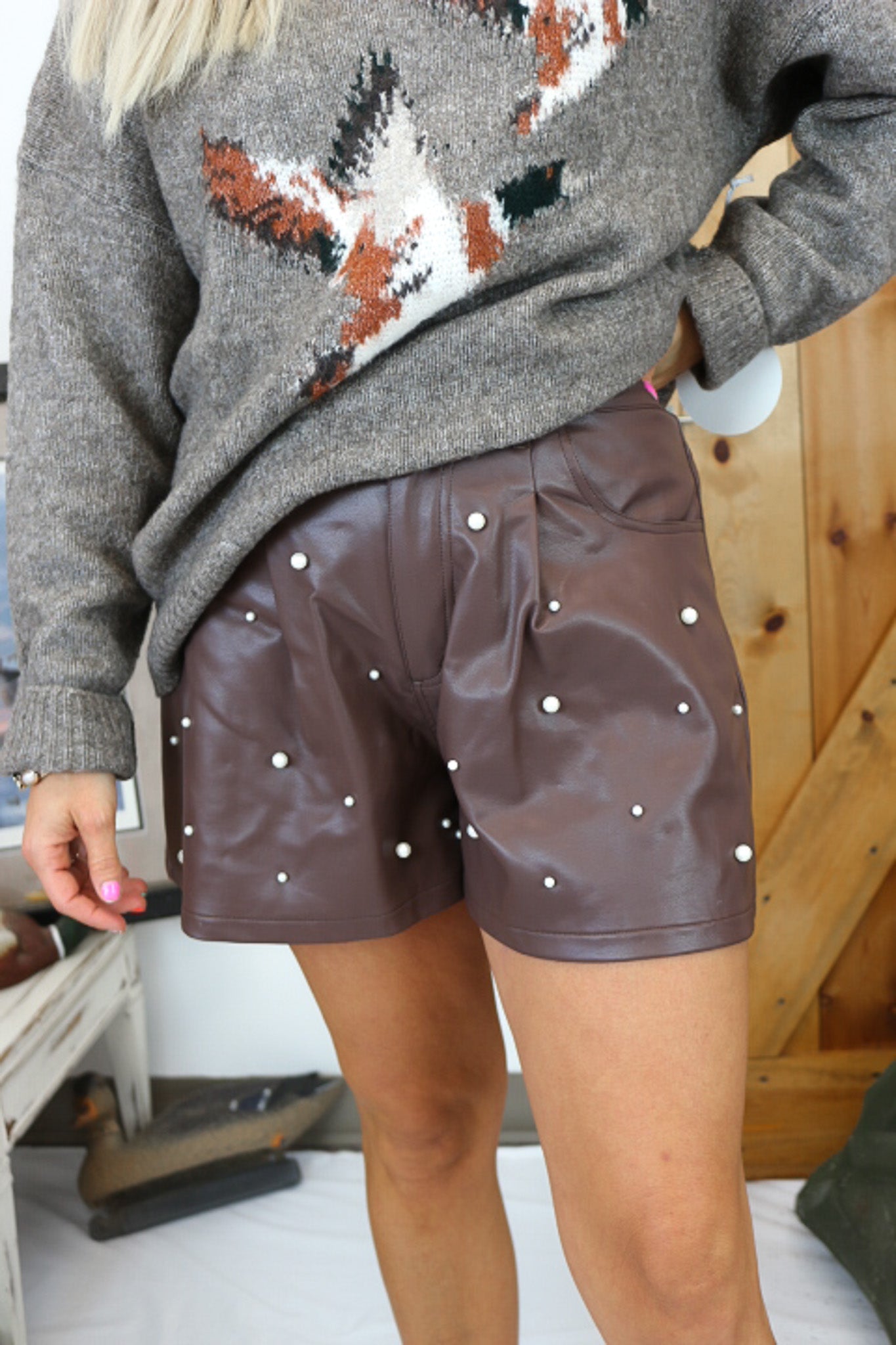 Got Your Attention Chocolate Brown Pearl Leather Shorts – Dales