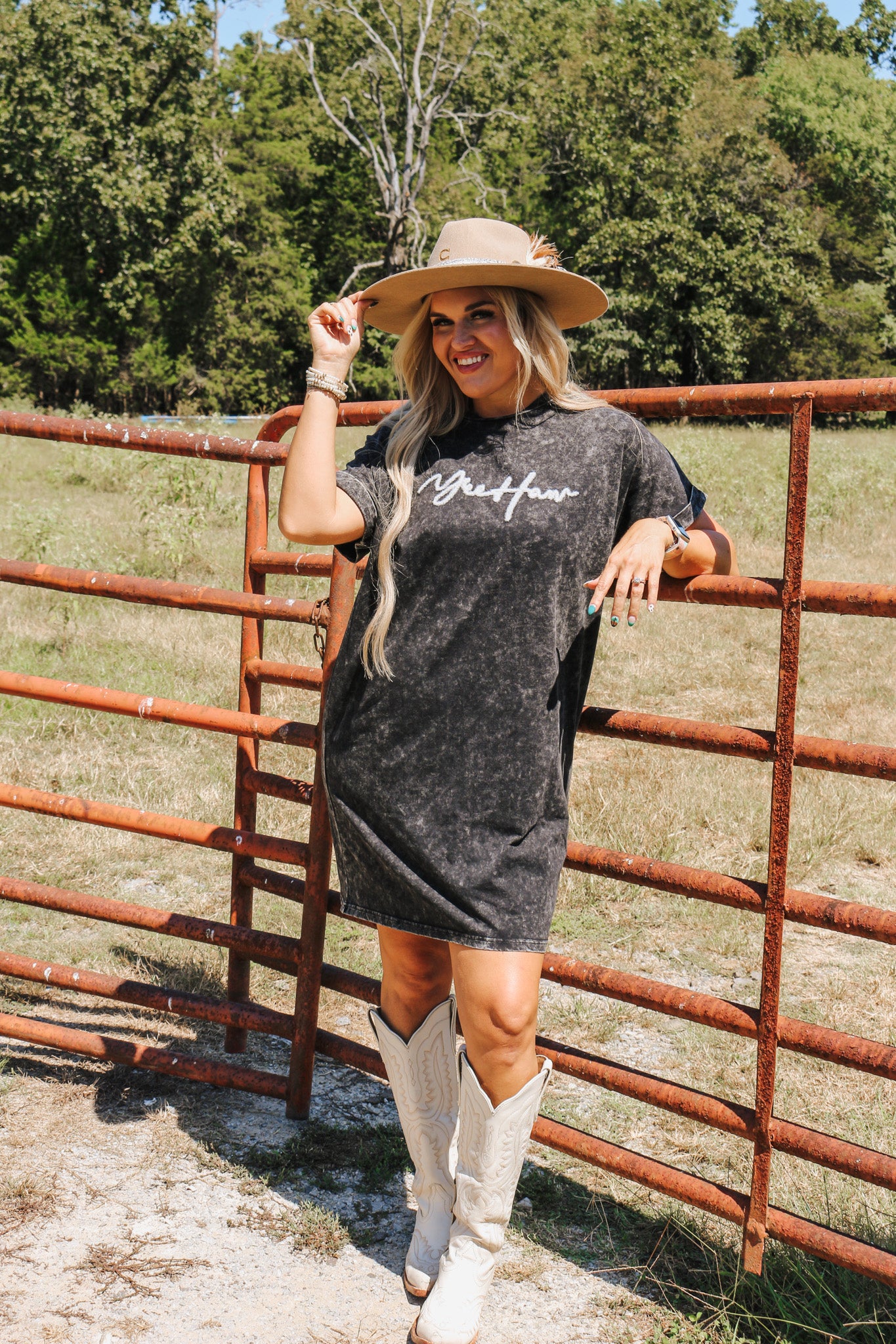 Yeehaw Acid Wash Black T-Shirt Dress