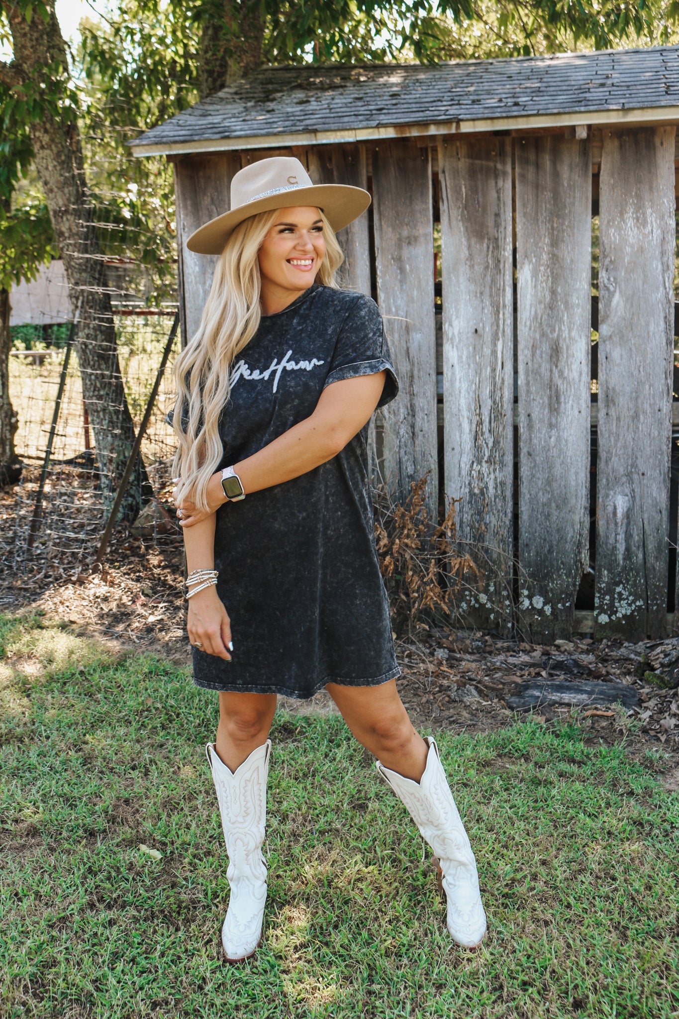 Yeehaw Acid Wash Black T-Shirt Dress