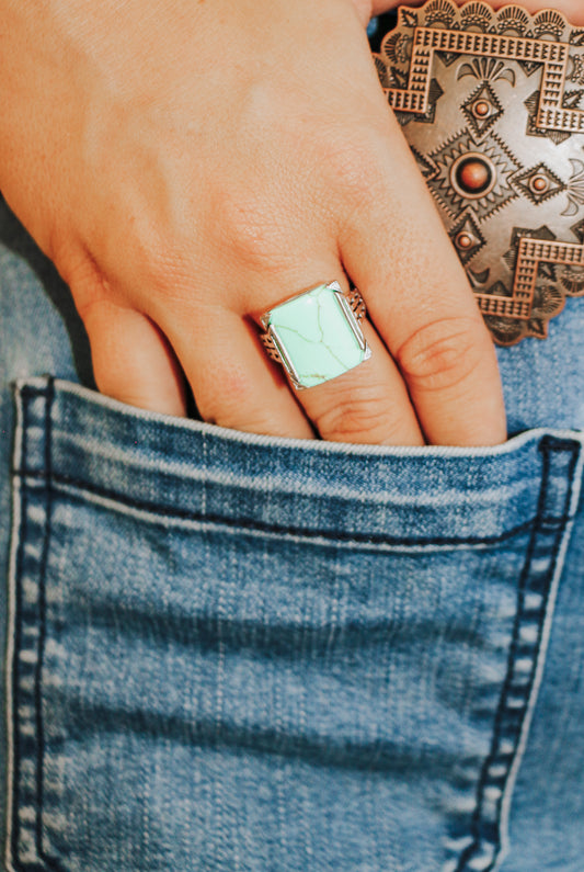 Silver Turquoise Square Statement Ring