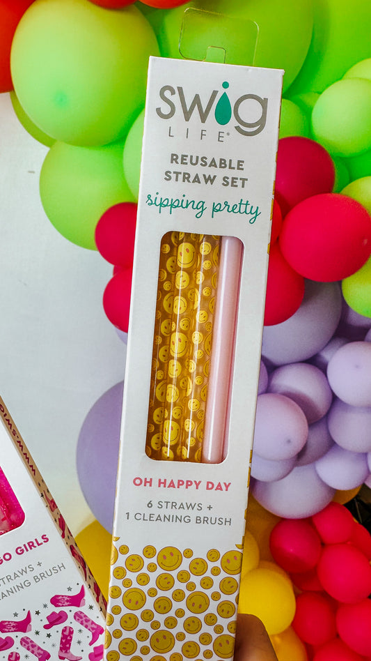Oh Happy Day + Pink Reusable Straw Set Swig