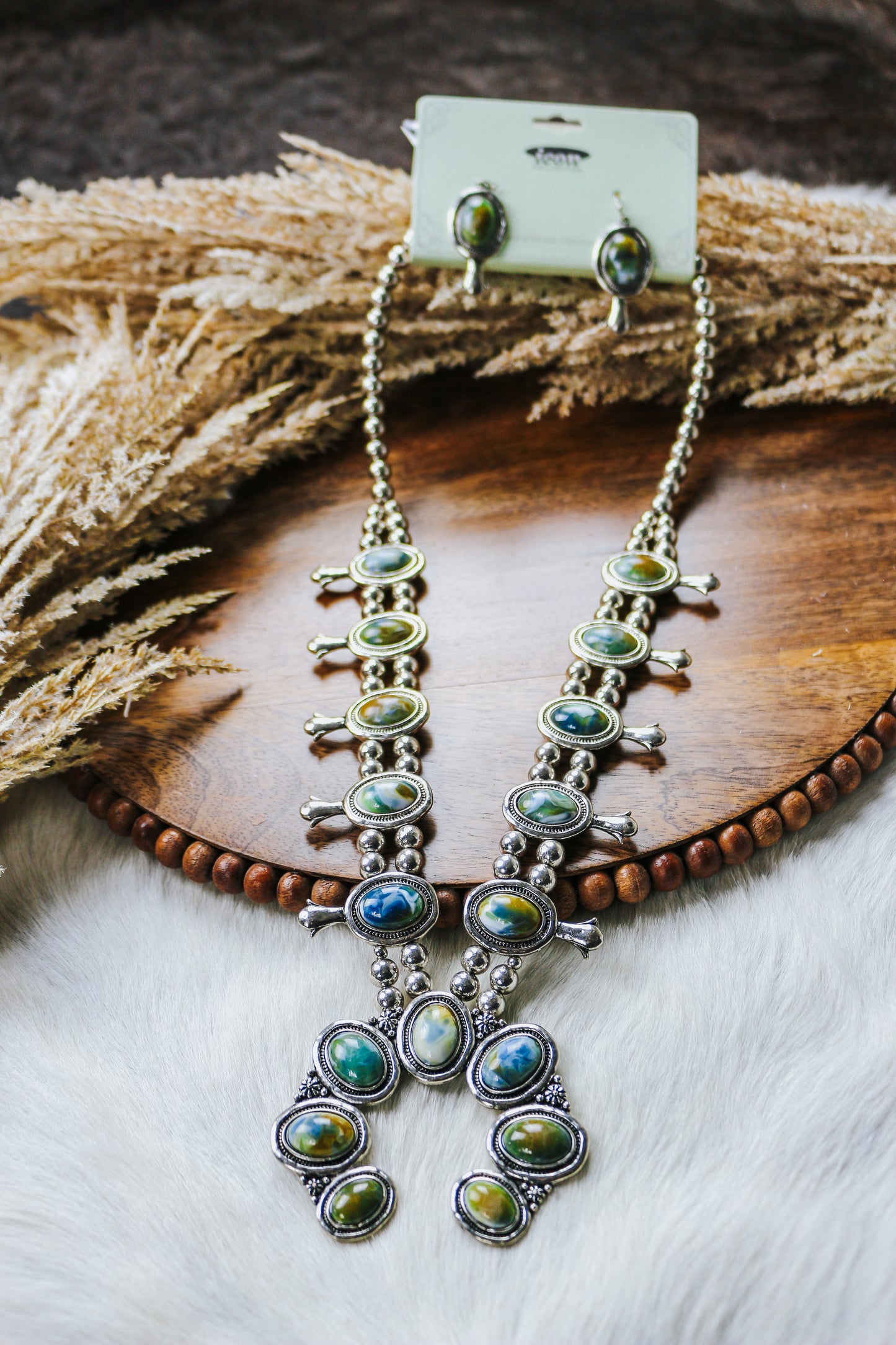 Silver Western Navajo Opal Necklace & Earrings Set