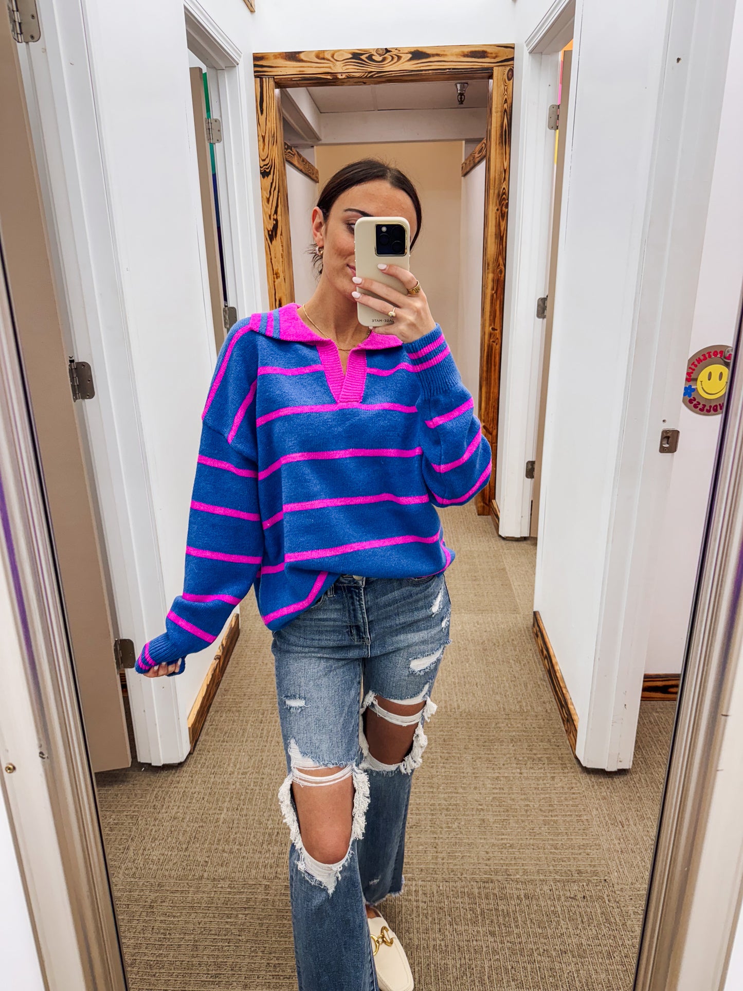 Straighten It Out Blue Pink Stripe Sweater