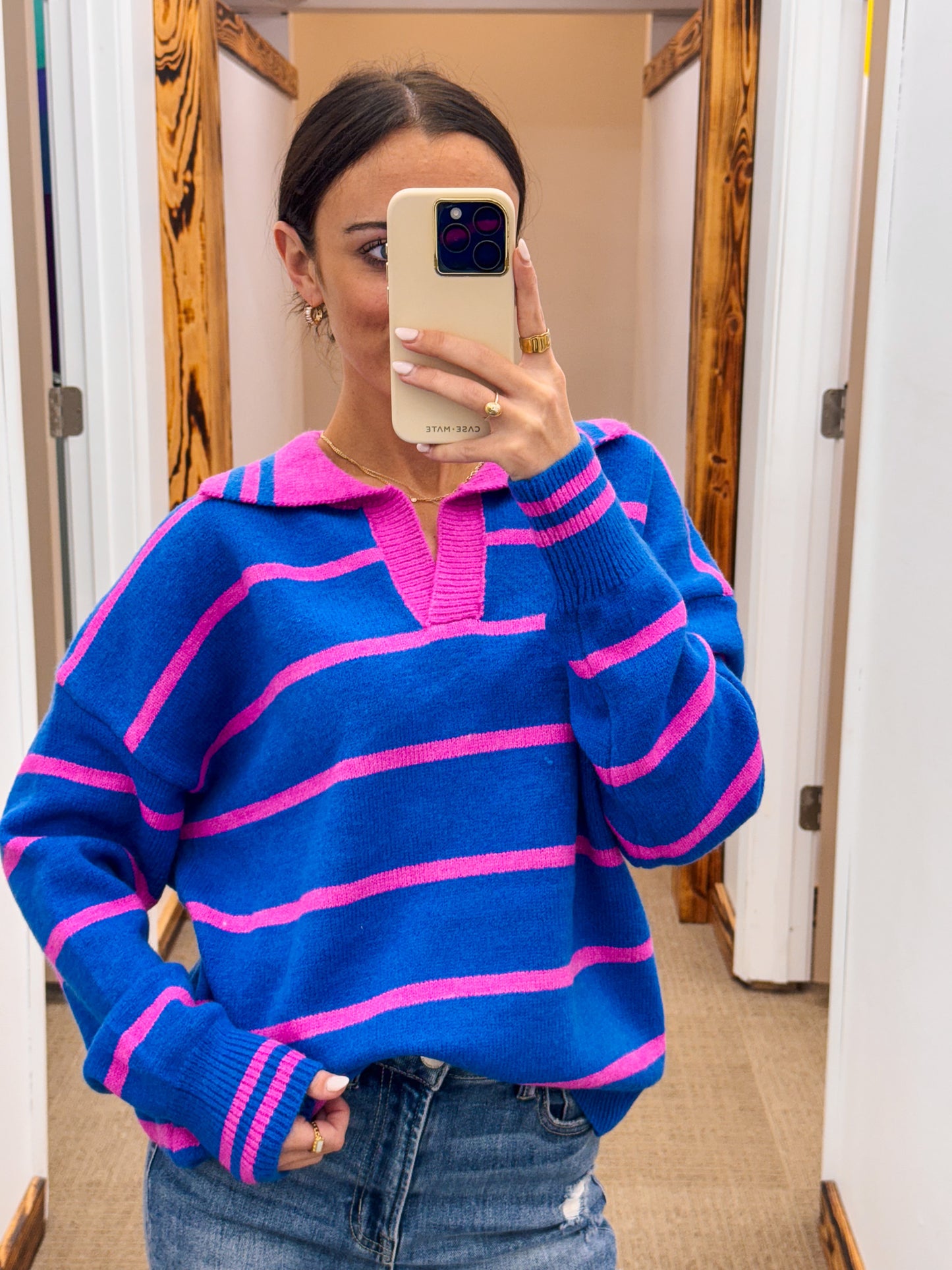 Straighten It Out Blue Pink Stripe Sweater