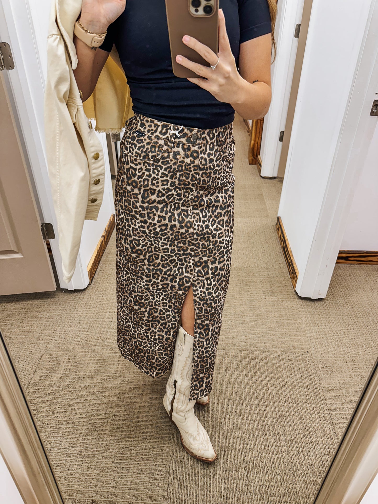 Extra Boost Maxi Leopard Denim Skirt