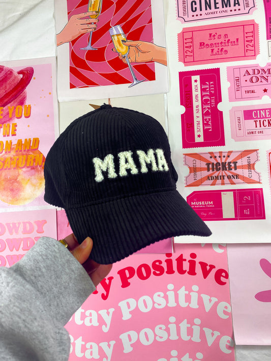 Mama Black Embroidered Corduroy Hat