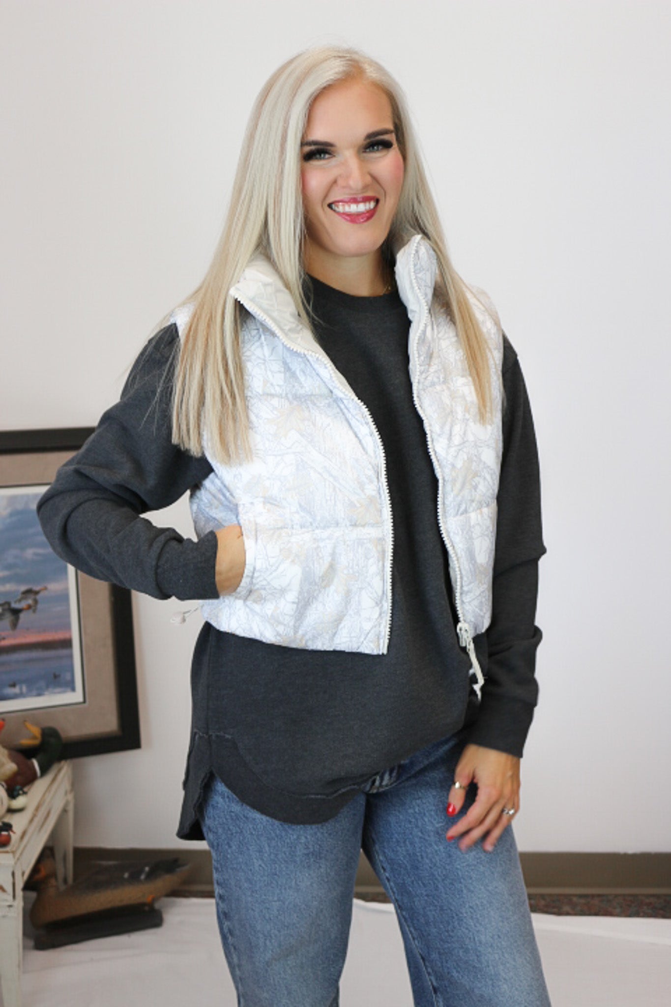 Caught Up With You White Camo Puffer Vest