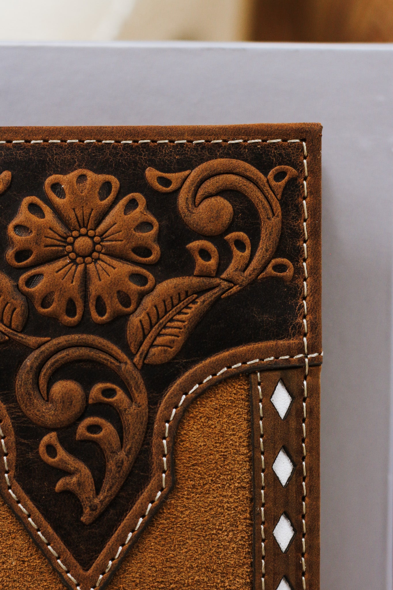 Nocona Rodeo Wallet Floral Embossed White Buck Lacing Tan