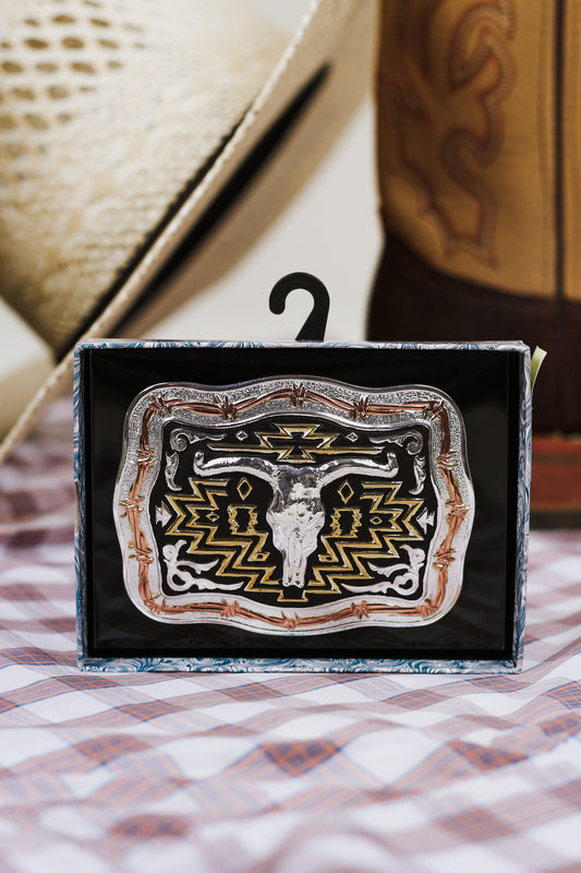 Rectangle Longhorn Skull Belt Buckle