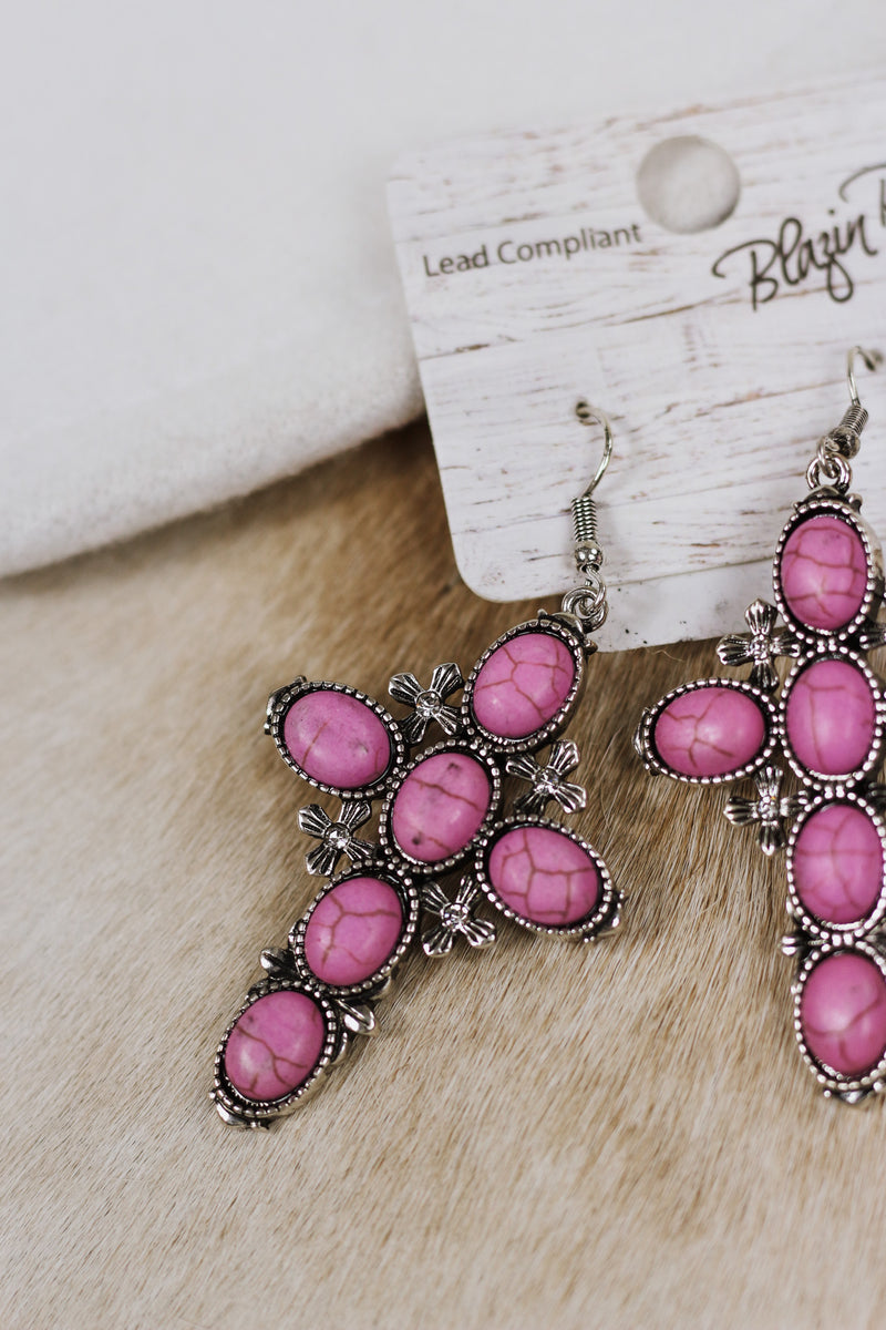 Pink Stone Cross Earrings