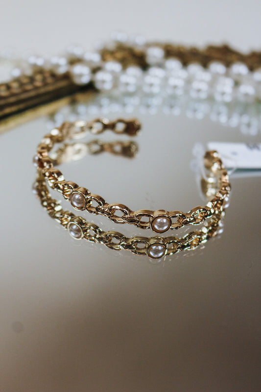 Open Cuff Pearl Gold Bracelet