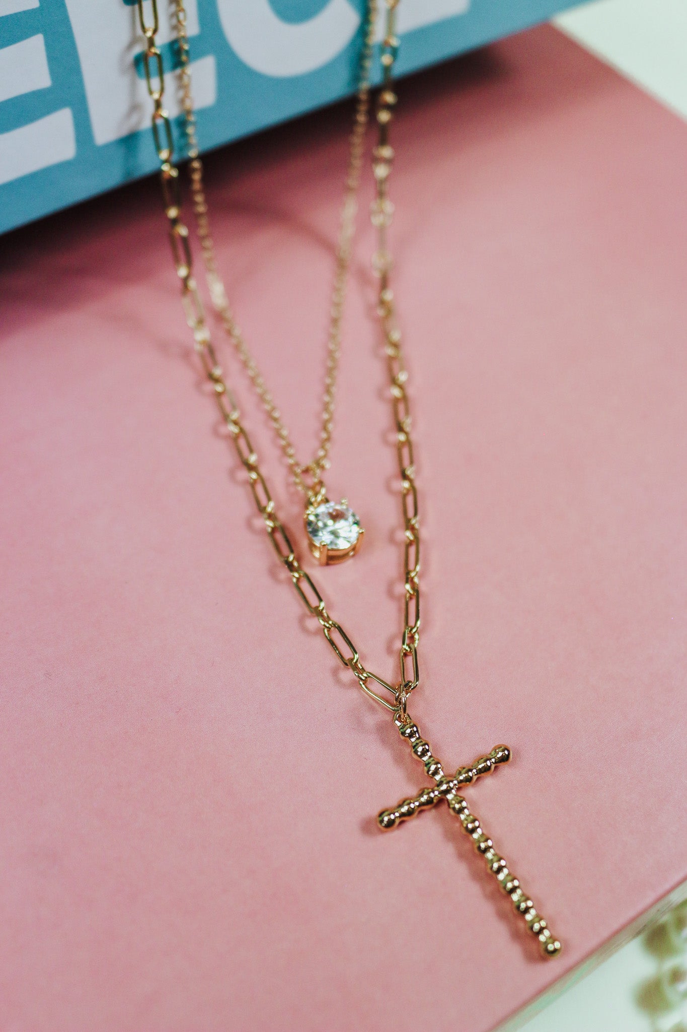 Layered Cross Charm Crystal Necklace -2 Colors