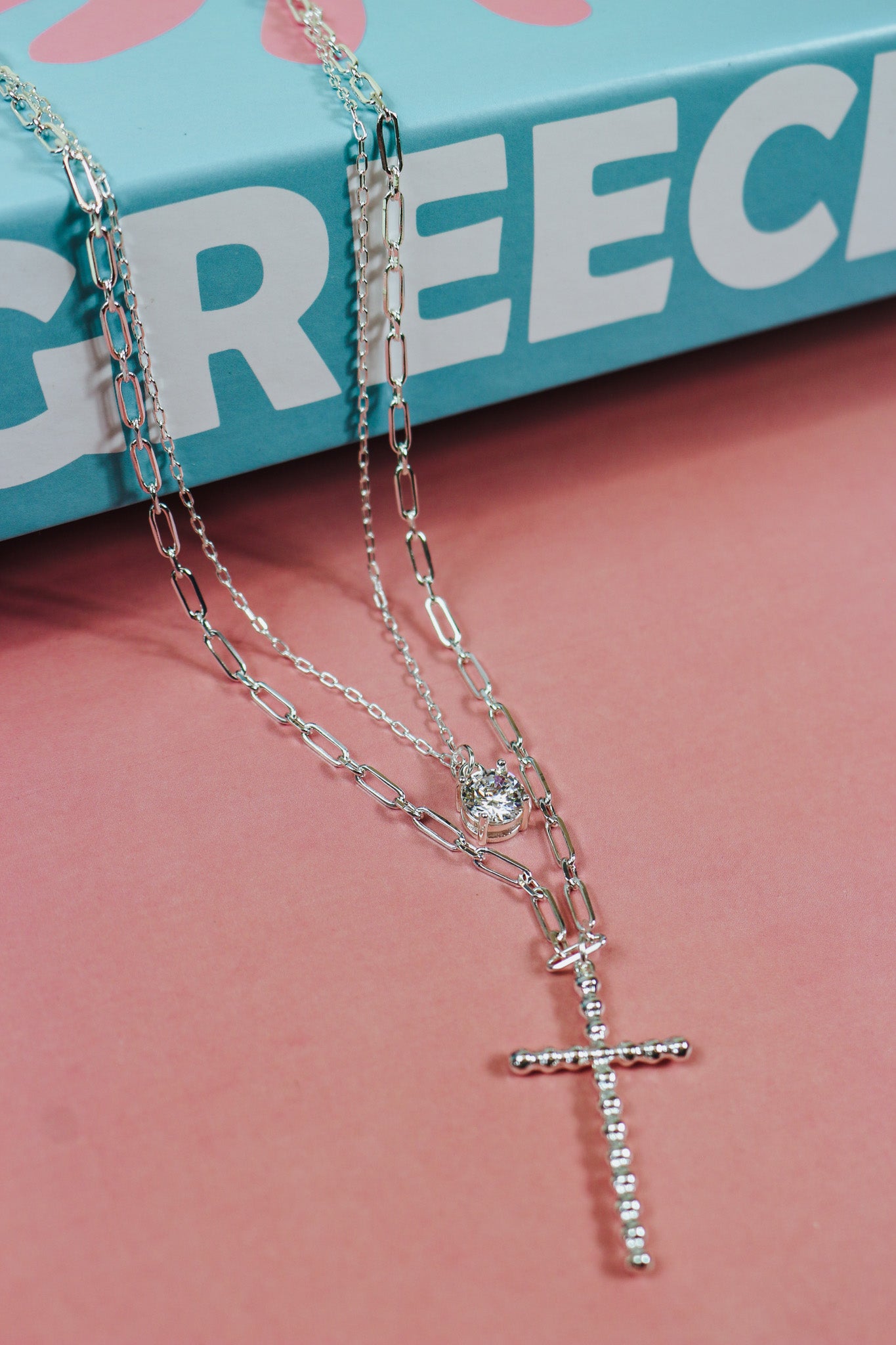 Layered Cross Charm Crystal Necklace -2 Colors