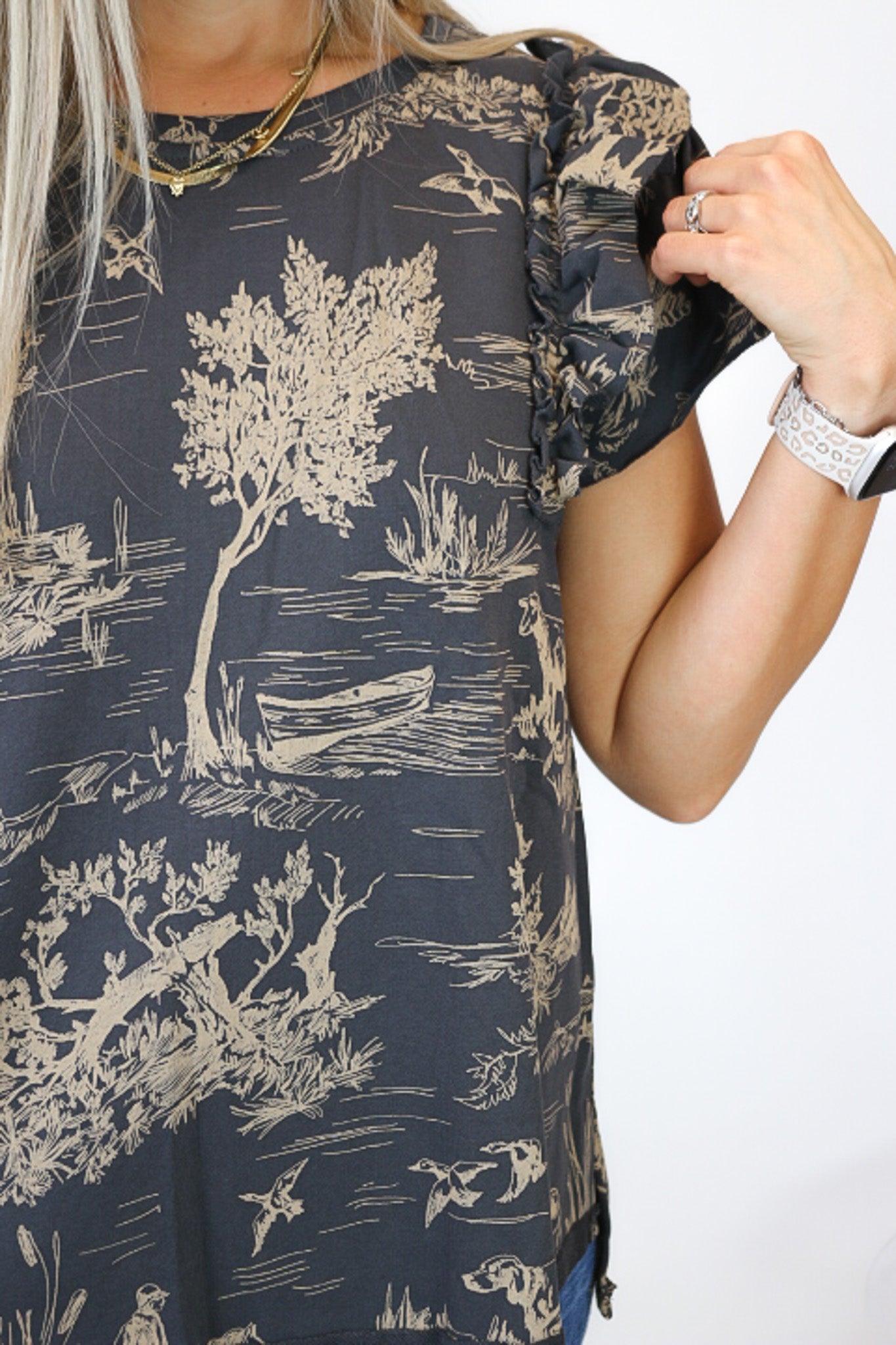 Charm In The West Charcoal Grey Western Ruffle Top