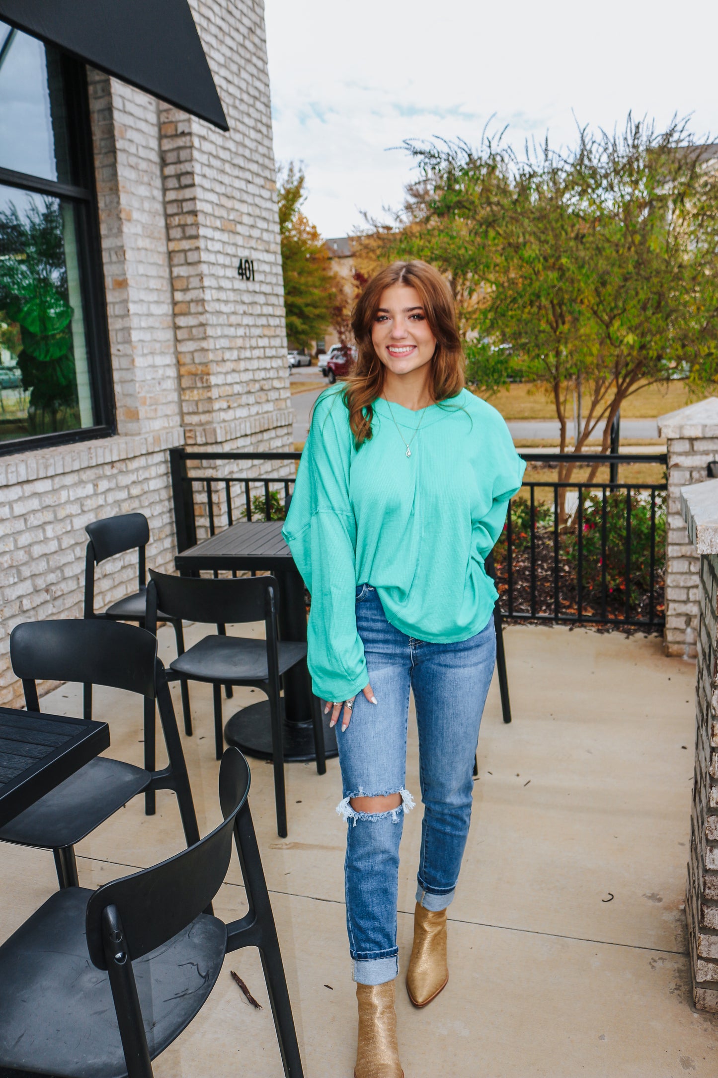 Here Comes Cozy Season Teal Green V Neck Top