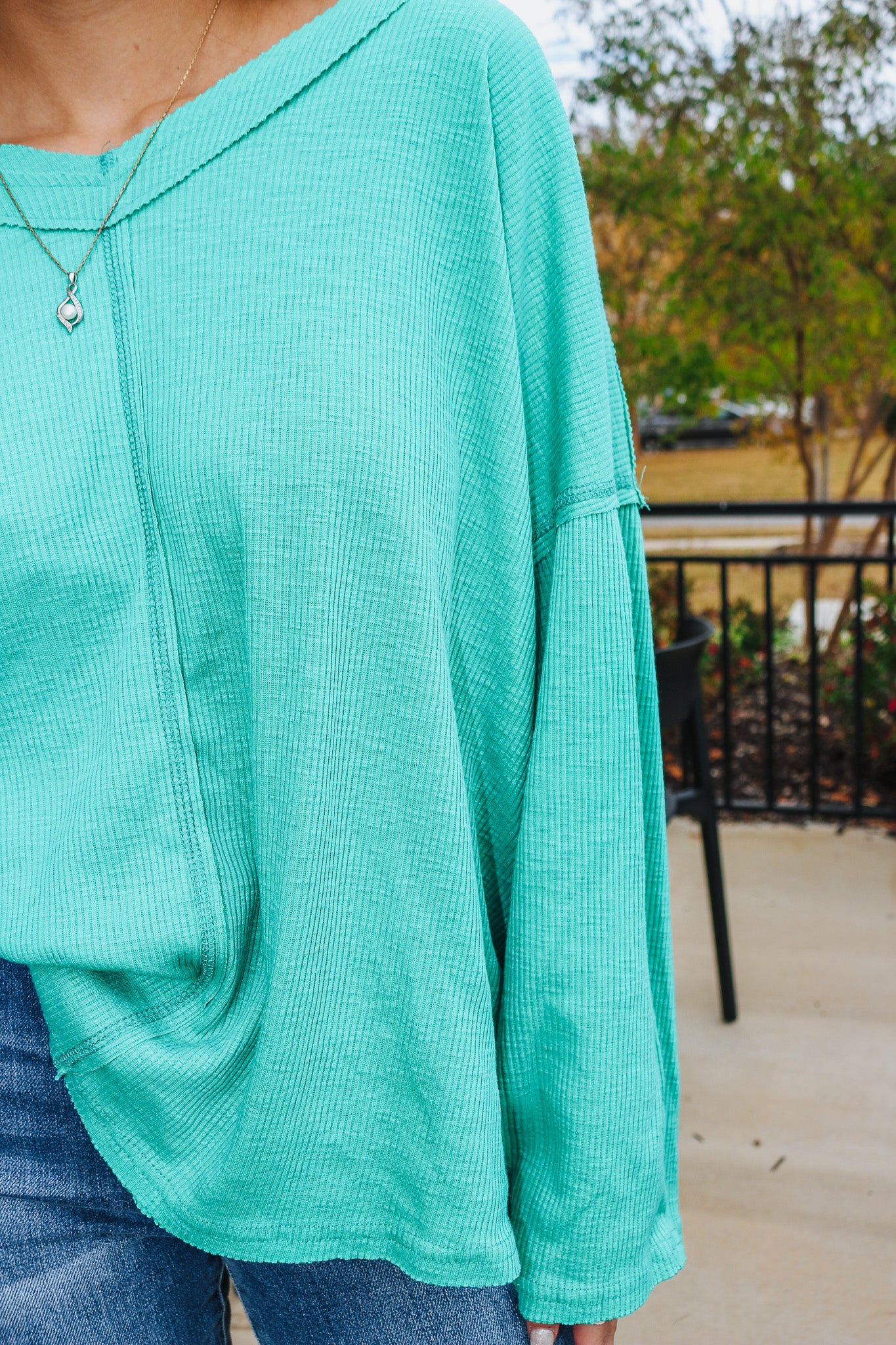 Here Comes Cozy Season Teal Green V Neck Top