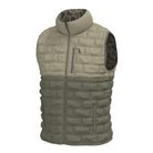 Local Boy duck down vest, two-tone tan and olive quilted side with old school camo lining, front