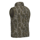 Local Boy duck down vest, bottomland-style camo side, back view