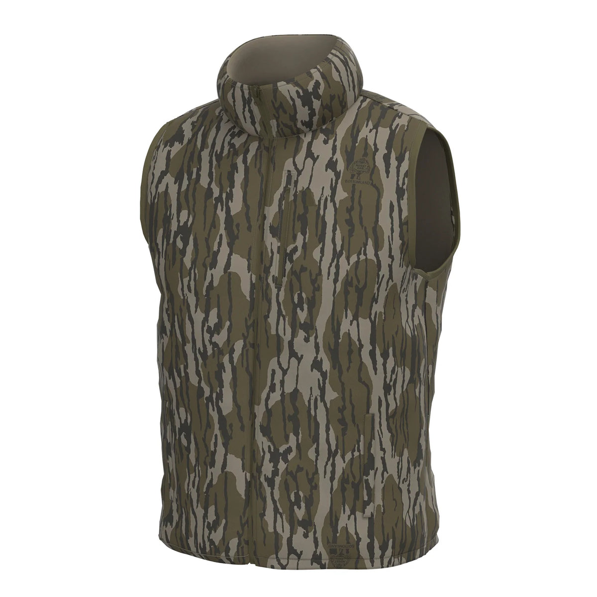 Local Boy duck down vest, bottomland-style camo side, front view