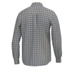 Local Boy Faulk dress shirt in slate, rust and navy plaid, back view with box pleat