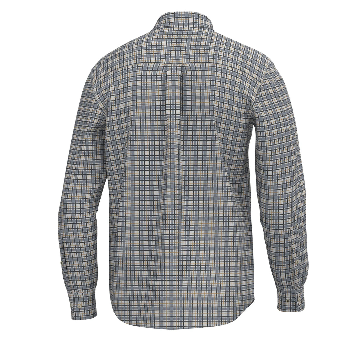 Local Boy Faulk dress shirt in slate, rust and navy plaid, back view with box pleat