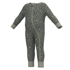 A baby's long-sleeve footless one-piece sleeper with an all-over animal print pattern in gray and beige, featuring solid gray cuffs and a matching gray zipper.