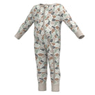 A baby long-sleeve footless one-piece jumpsuit with a camouflage pattern in beige, brown, gray, and sage green, featuring a front zipper and cuffs.