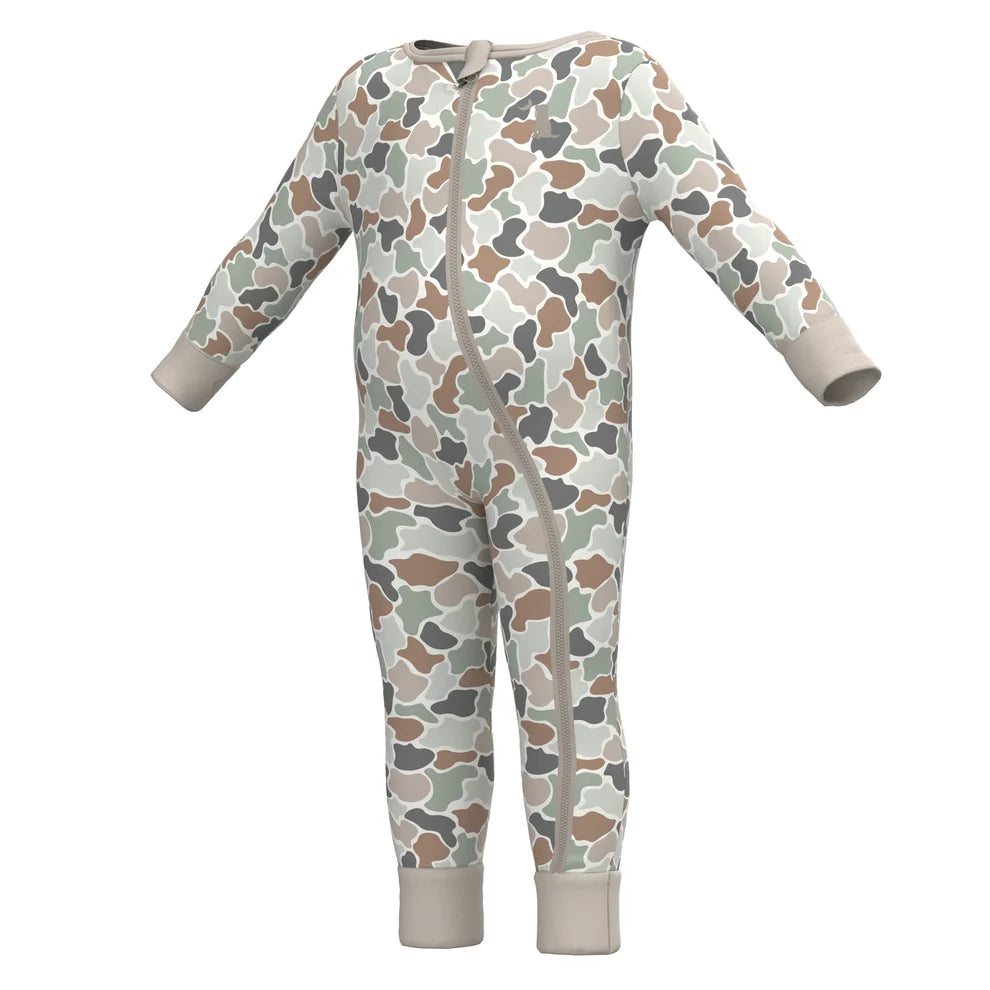 A baby long-sleeve footless one-piece jumpsuit with a camouflage pattern in beige, brown, gray, and sage green, featuring a front zipper and cuffs.