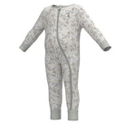 A baby long-sleeve footless one-piece sleeper with an all-over gray and beige camouflage pattern, featuring a front zipper and ribbed cuffs, on a solid white background.