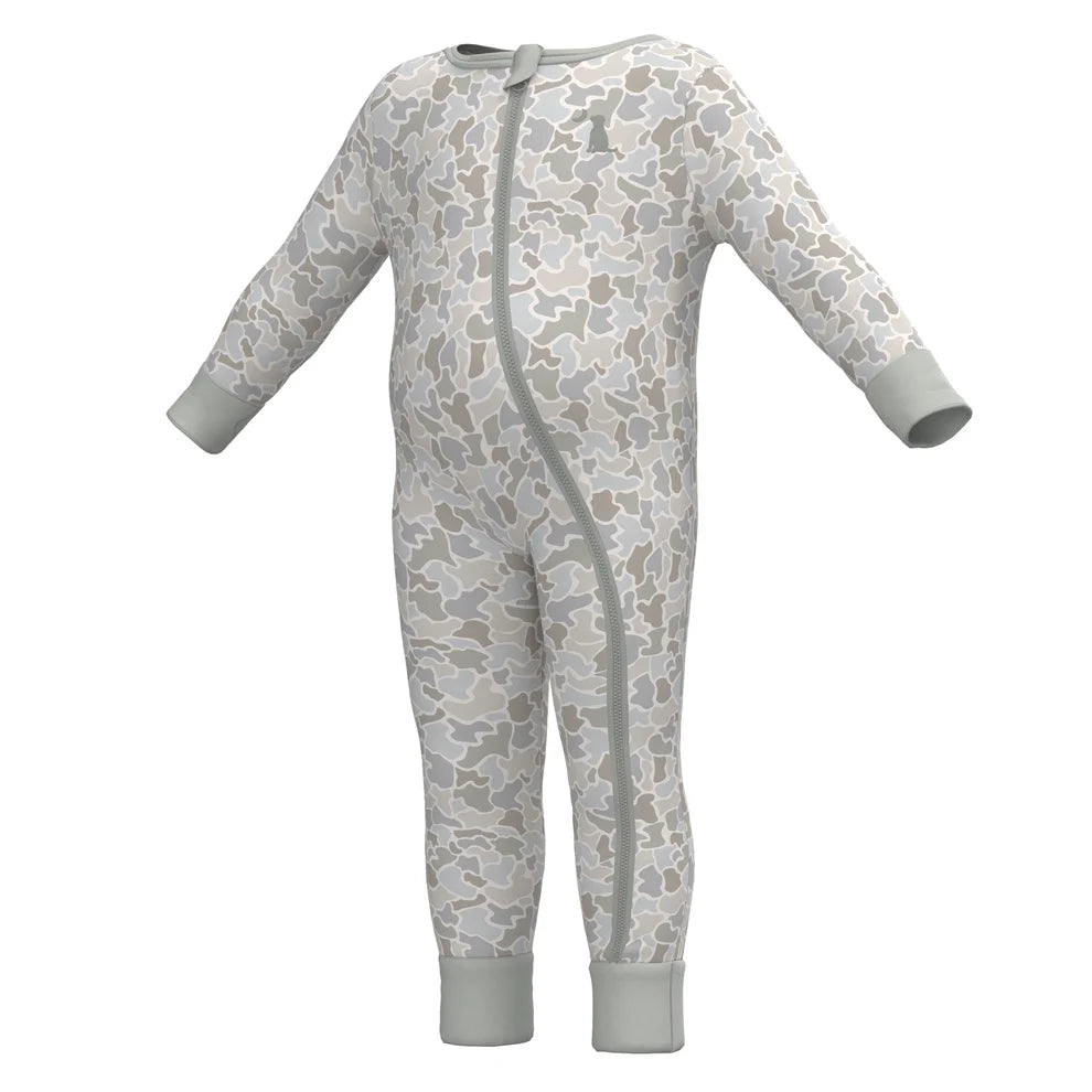 A baby long-sleeve footless one-piece sleeper with an all-over gray and beige camouflage pattern, featuring a front zipper and ribbed cuffs, on a solid white background.