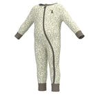 A baby long-sleeve footless one-piece pajama with an all-over abstract pattern in light sage green and white, featuring solid taupe-brown cuffs, a side zipper, and a small embroidered logo on the chest.